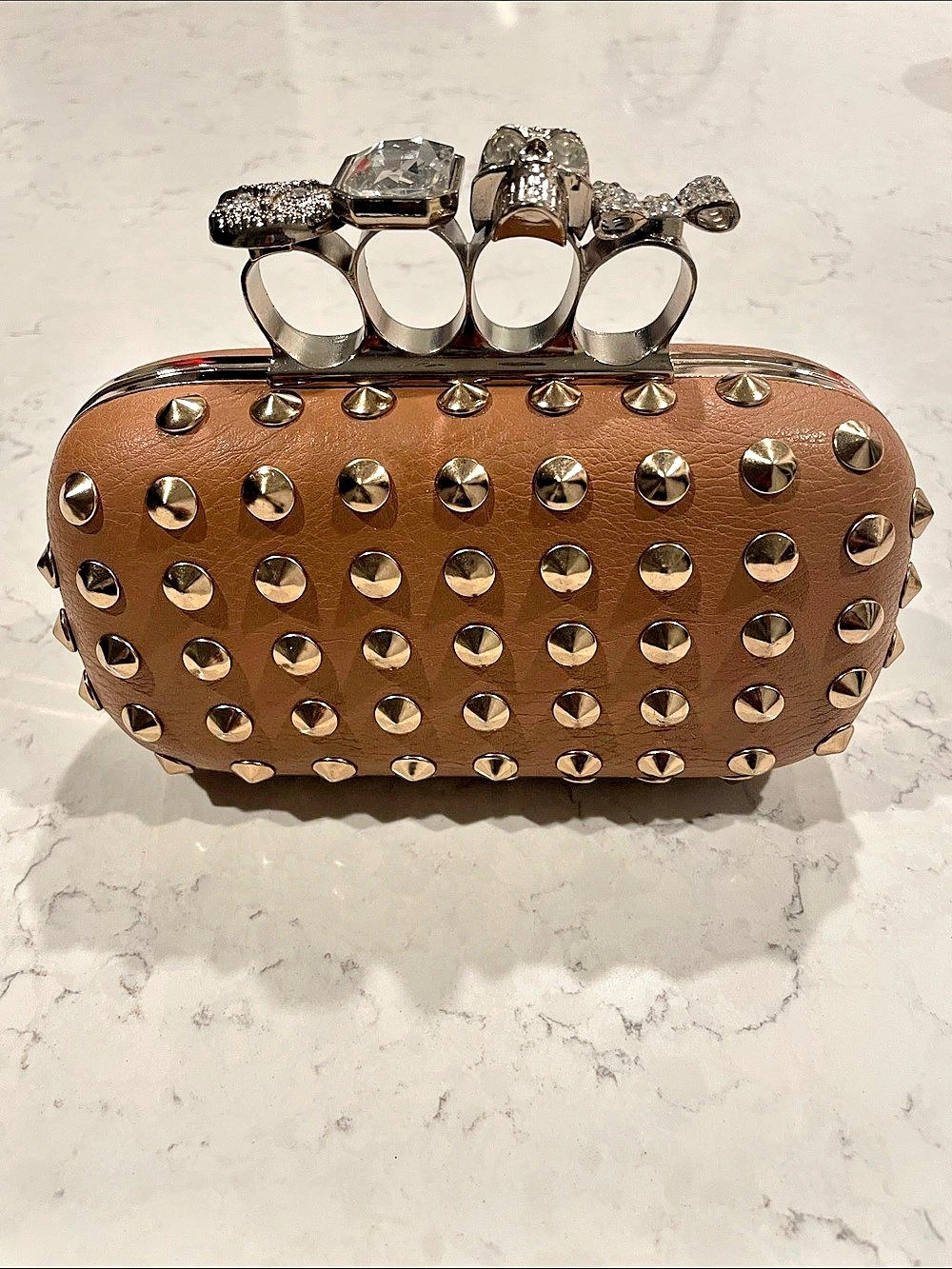 Katy Perry Knucklebox Clutch Studded Knuckle Clutch in camel and Gold